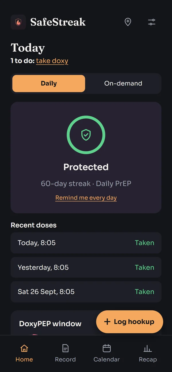 SafeStreak's Today screen: PrEP status, streak and recent doses.